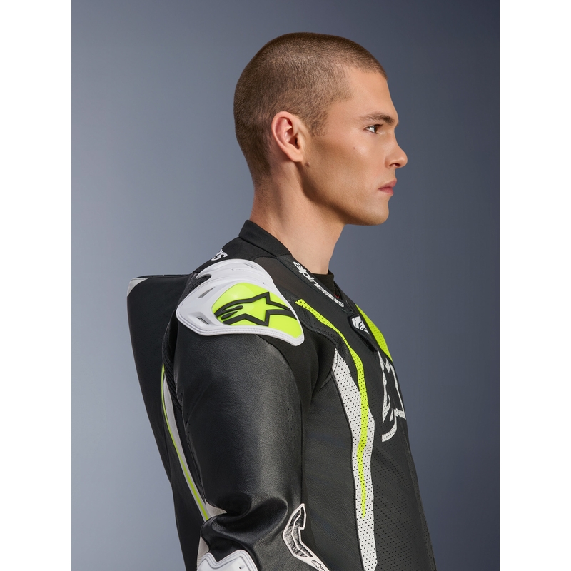 Alpinestars GP TECH V5 eendelig leren motorpak in zwart-wit-fluorescentiegeel