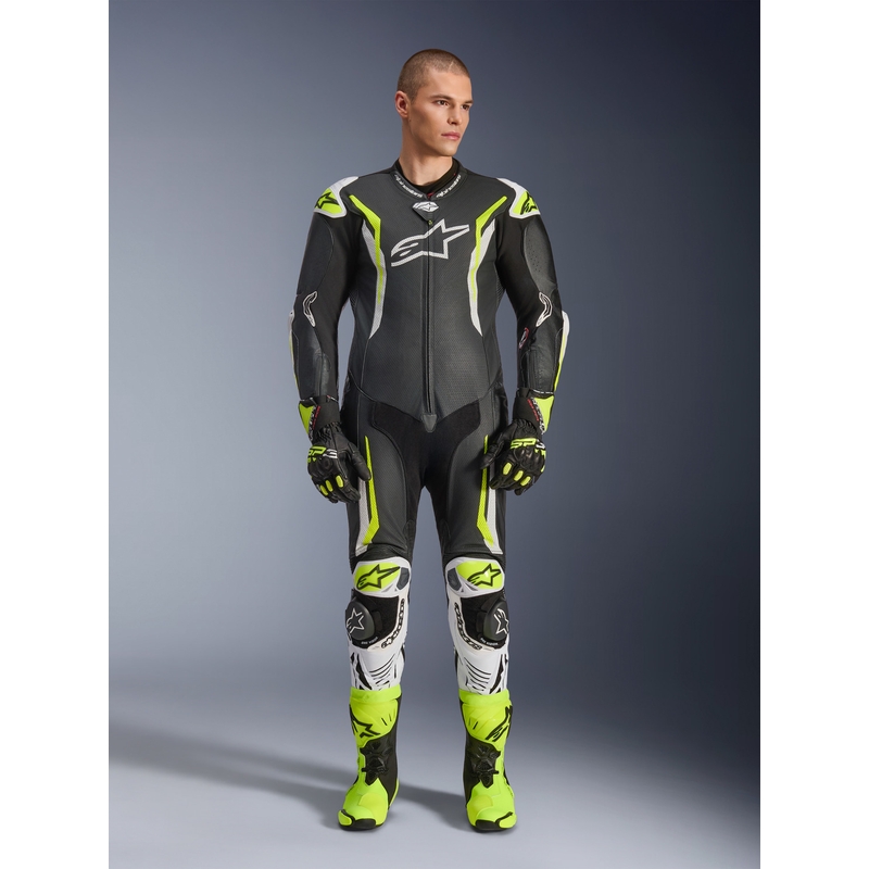 Alpinestars GP TECH V5 eendelig leren motorpak in zwart-wit-fluorescentiegeel