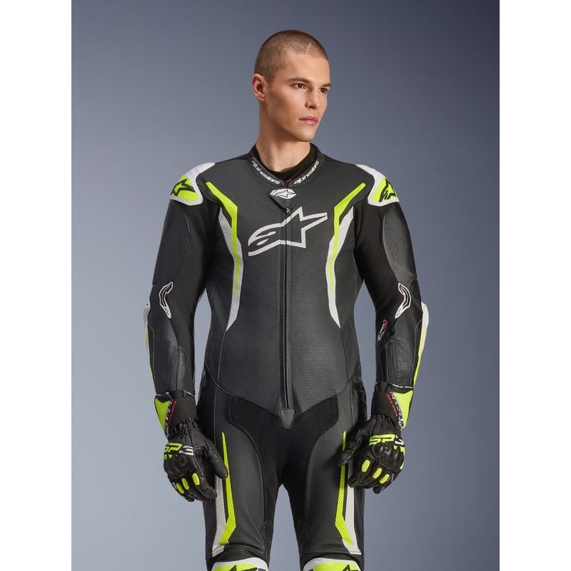 Alpinestars GP TECH V5 eendelig leren motorpak in zwart-wit-fluorescentiegeel