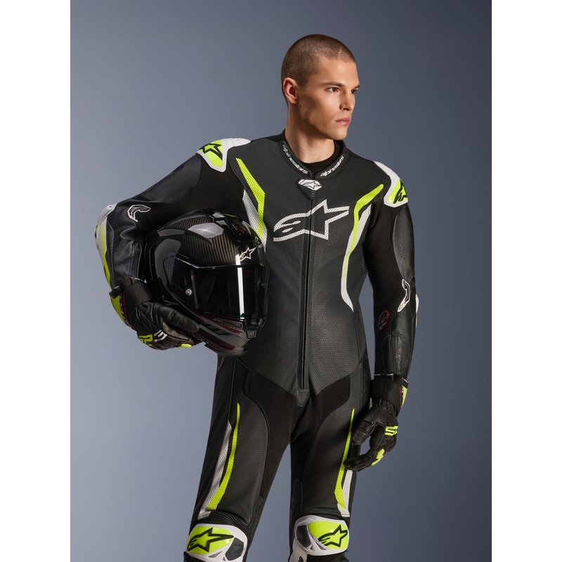 Alpinestars GP TECH V5 eendelig leren motorpak in zwart-wit-fluorescentiegeel