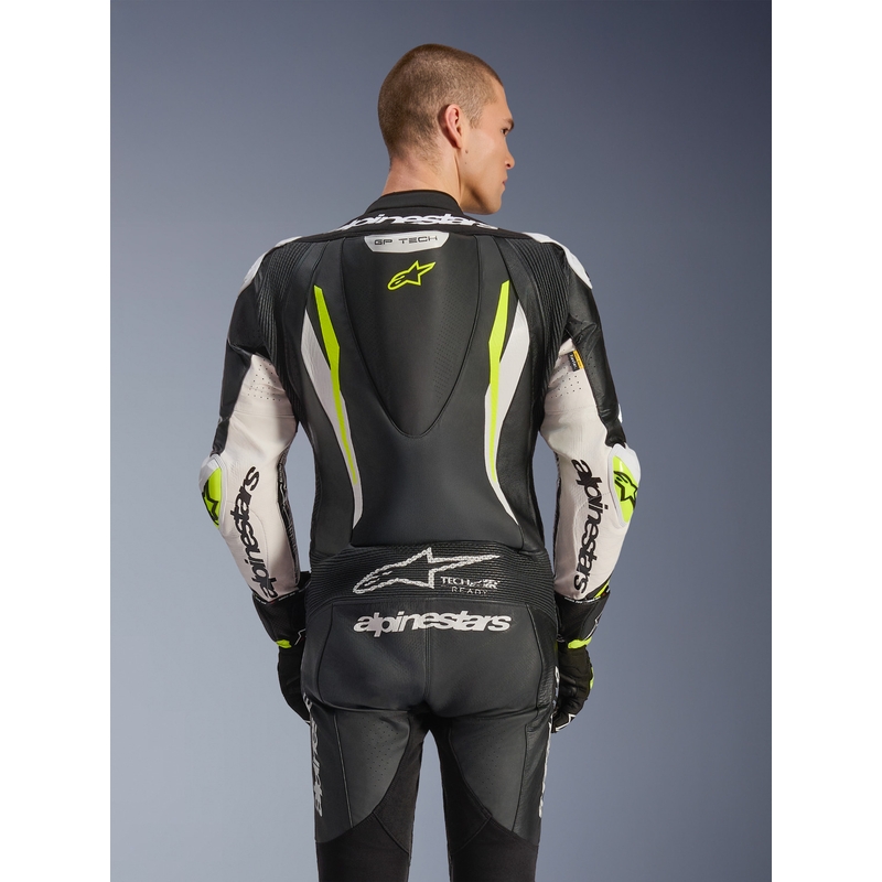 Alpinestars GP TECH V5 eendelig leren motorpak in zwart-wit-fluorescentiegeel