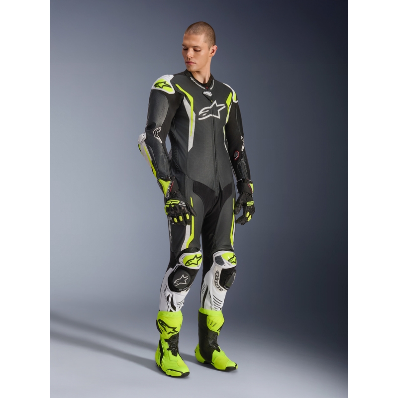 Alpinestars GP TECH V5 eendelig leren motorpak in zwart-wit-fluorescentiegeel