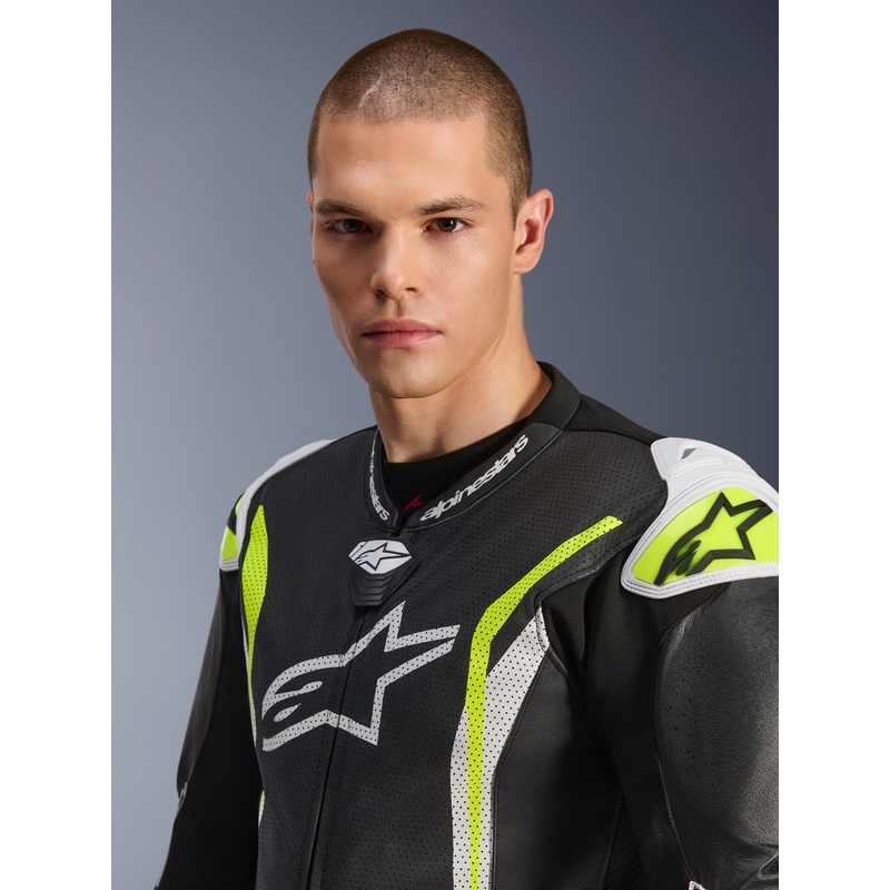 Alpinestars GP TECH V5 eendelig leren motorpak in zwart-wit-fluorescentiegeel
