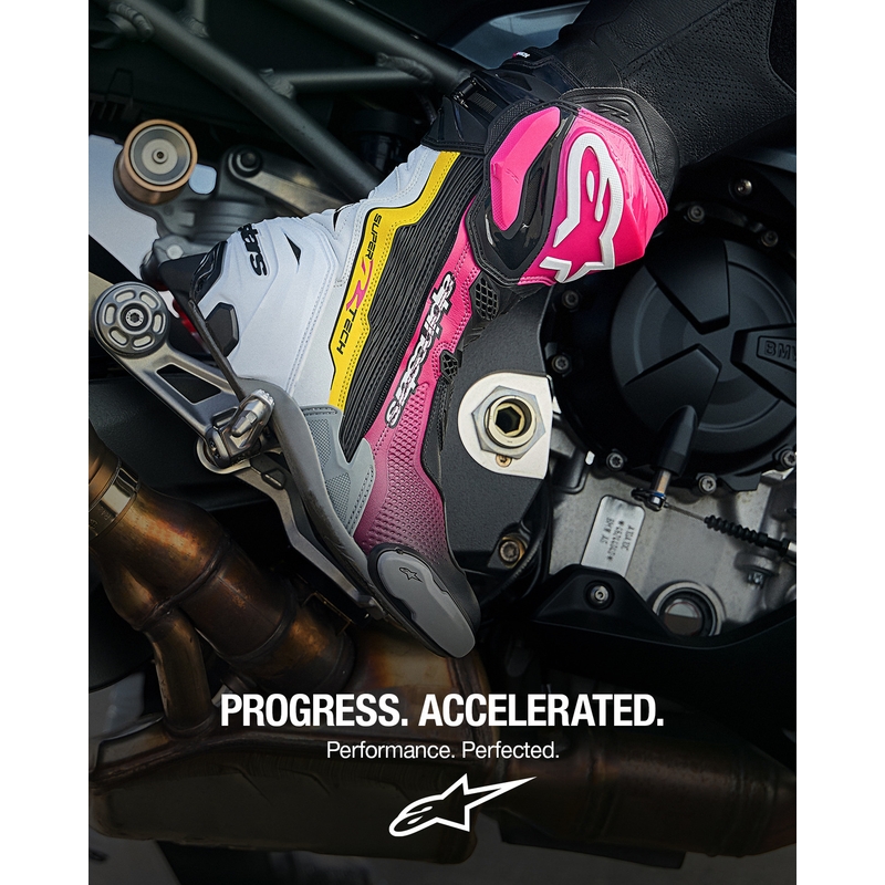 Alpinestars Supertech R motorlaarzen zwart-wit-roze-geel