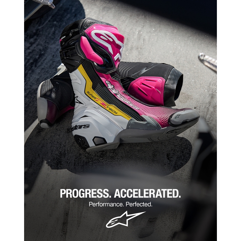 Alpinestars Supertech R motorlaarzen zwart-wit-roze-geel