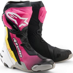 Alpinestars Supertech R motorlaarzen zwart-wit-roze-geel