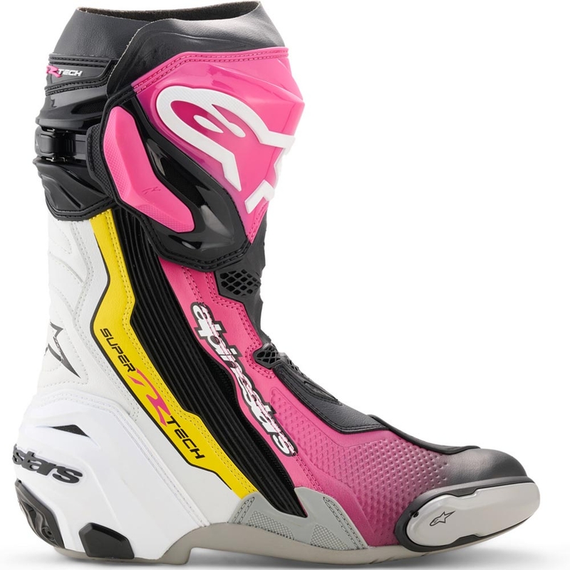 Alpinestars Supertech R motorlaarzen zwart-wit-roze-geel