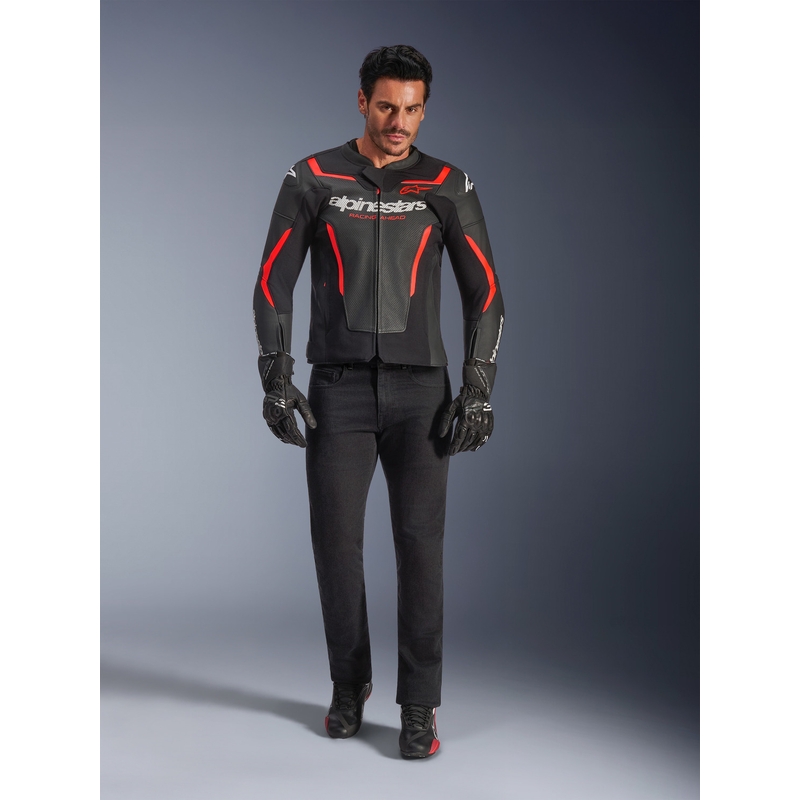 Alpinestars GP Force V2 Airflow leren motorjas in zwart-fluorescerend rood-wit