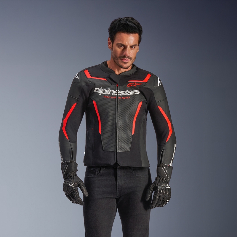 Alpinestars GP Force V2 Airflow leren motorjas in zwart-fluorescerend rood-wit