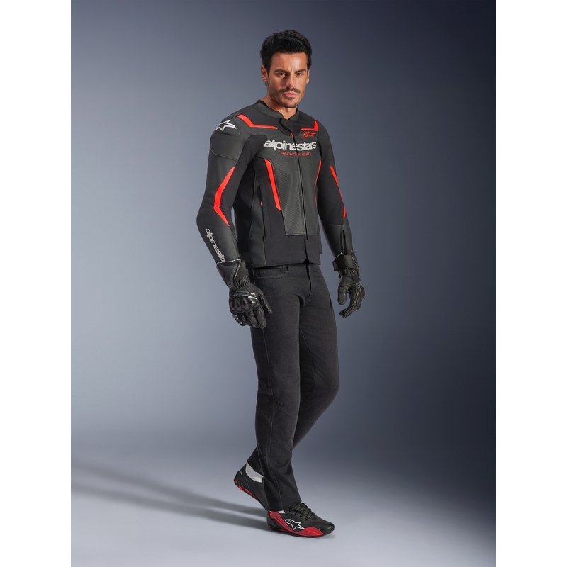 Alpinestars GP Force V2 Airflow leren motorjas in zwart-fluorescerend rood-wit