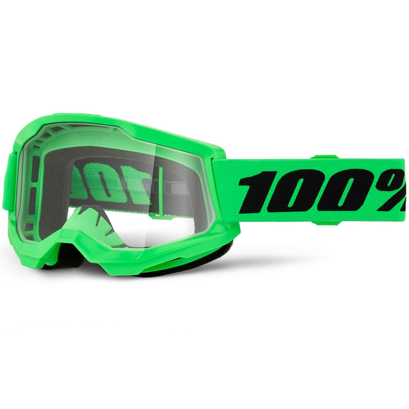 Motocrossbril 100% STRATA 2 NIEUW fluorescerend groen met transparant plexiglas