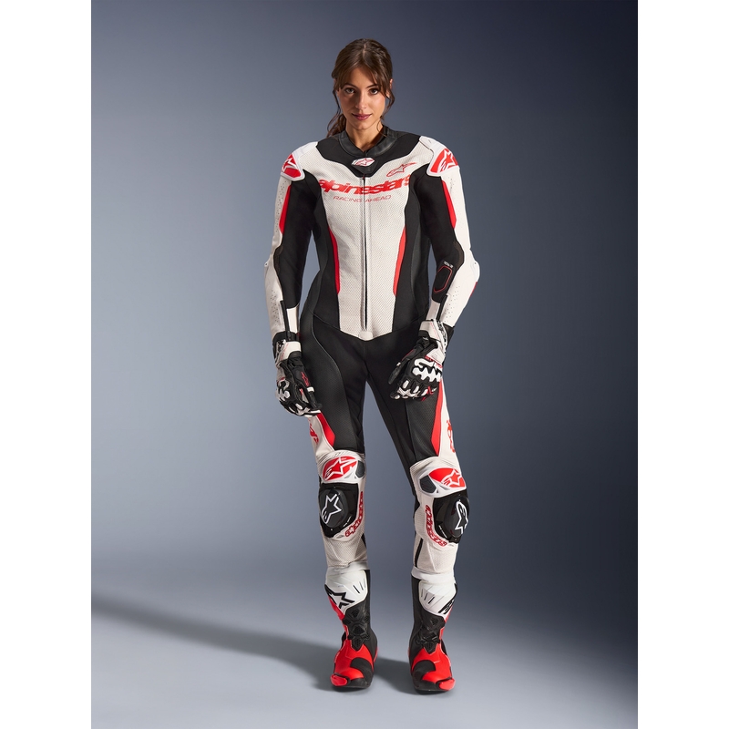 Alpinestars Stella GP-R7 dames motorpak uit één stuk van leer, wit-fluorescerend rood-zwart