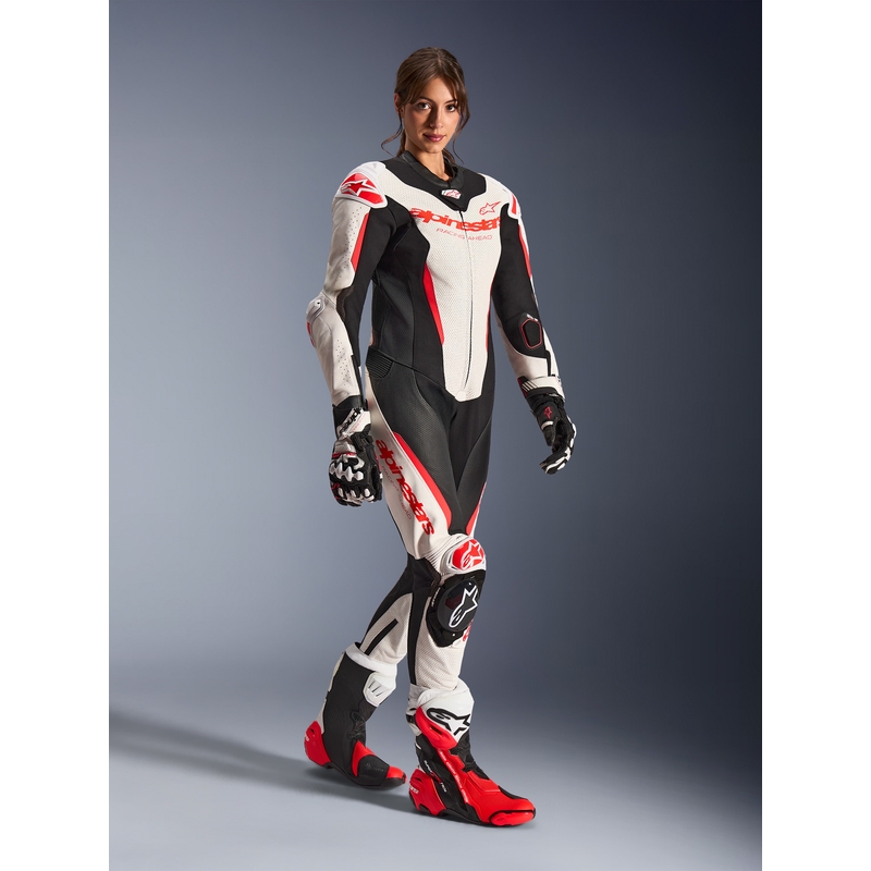 Alpinestars Stella GP-R7 dames motorpak uit één stuk van leer, wit-fluorescerend rood-zwart