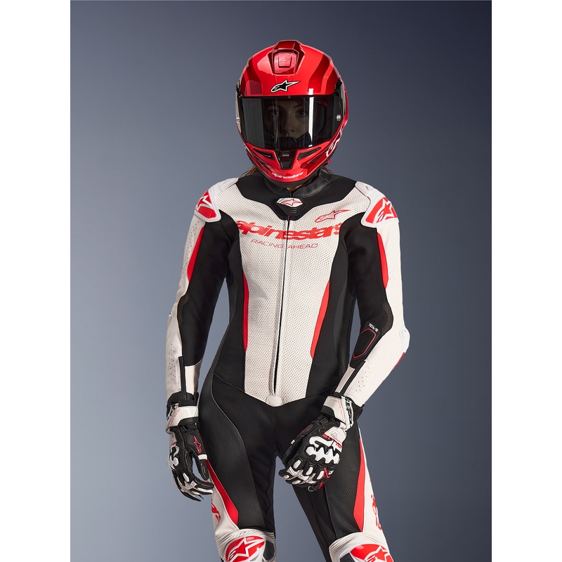 Alpinestars Stella GP-R7 dames motorpak uit één stuk van leer, wit-fluorescerend rood-zwart