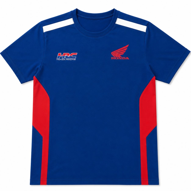 Honda Racing T-shirt met zij-inzetstukken en blauwe pijl.