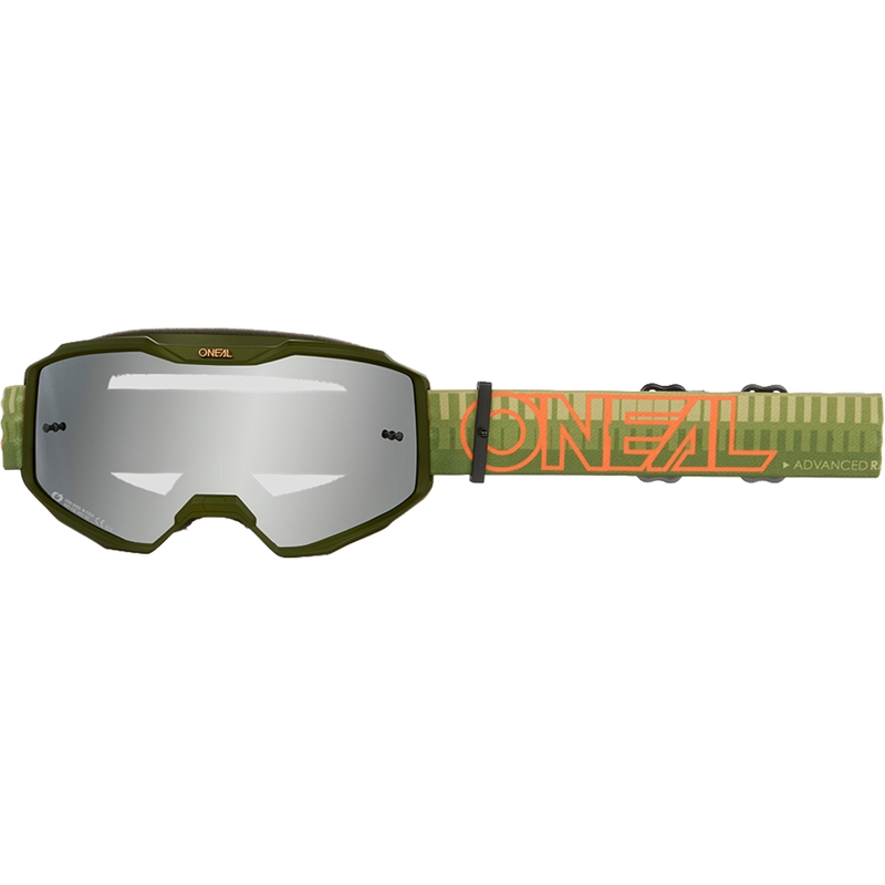 Motocrossbril O´Neal B-10 Gestreept groen-oranje (spiegelend zilverkleurig plexiglas)