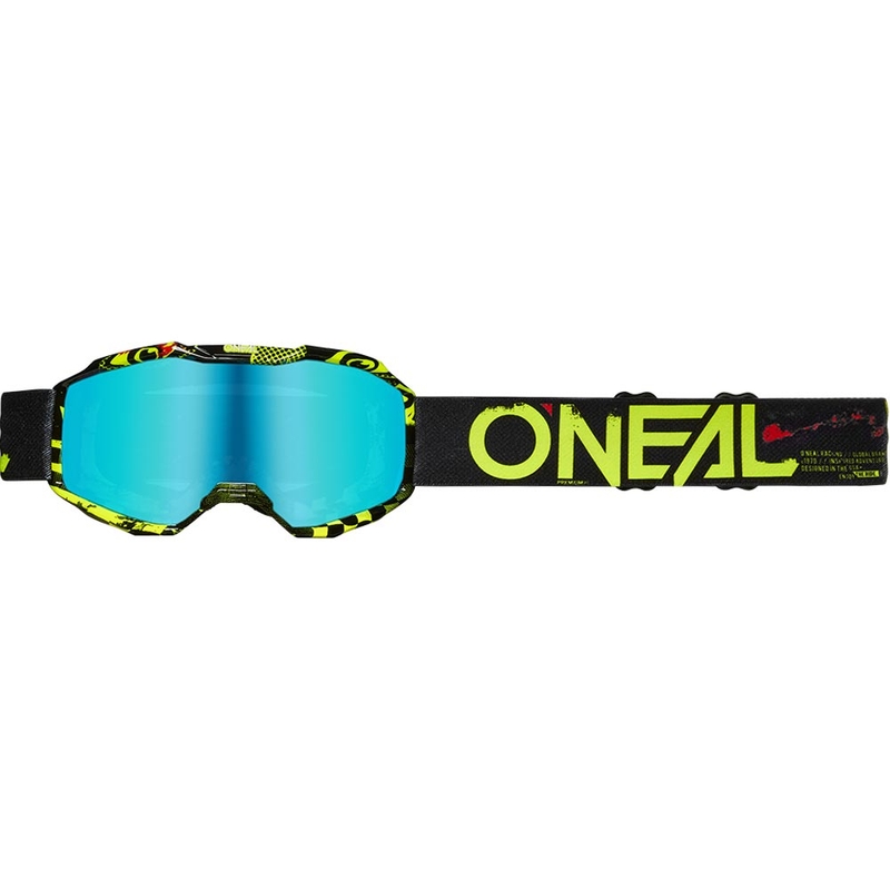 O'Neal B-10 Attack kindermotocrossbril in zwart-fluorescentiegeel met iridiumblauw plexiglas