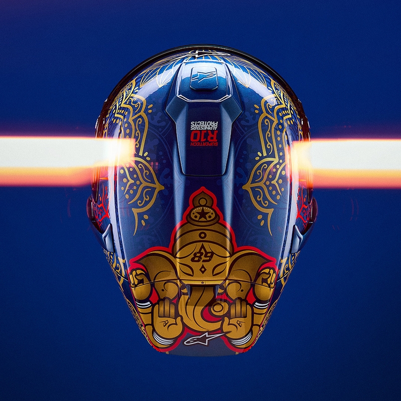 Integraal motorhelm Alpinestars Supertech R10 Marthainator limited edition JORGE MARTIN blauw parelmoer goud rood