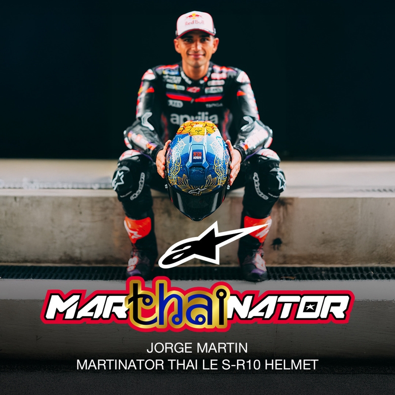 Integraal motorhelm Alpinestars Supertech R10 Marthainator limited edition JORGE MARTIN blauw parelmoer goud rood