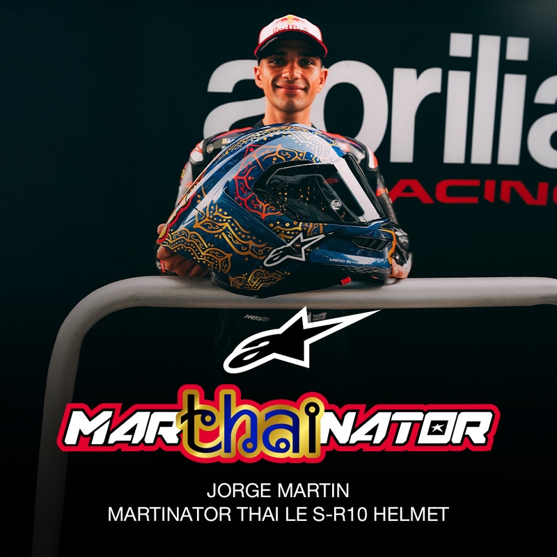Integraal motorhelm Alpinestars Supertech R10 Marthainator limited edition JORGE MARTIN blauw parelmoer goud rood