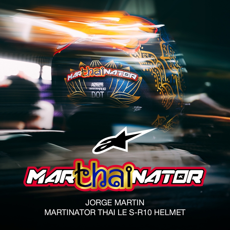 Integraal motorhelm Alpinestars Supertech R10 Marthainator limited edition JORGE MARTIN blauw parelmoer goud rood