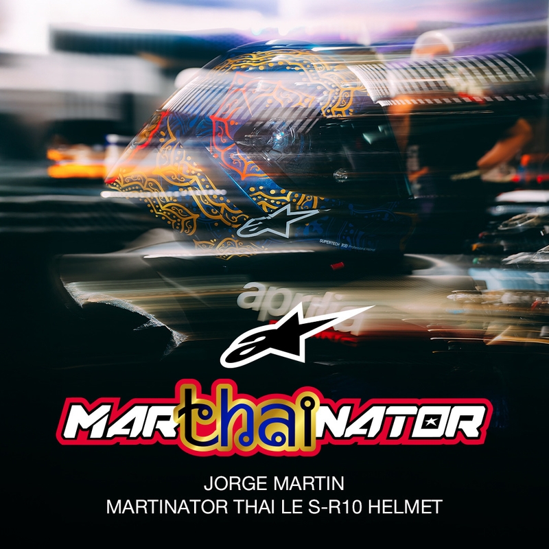 Integraal motorhelm Alpinestars Supertech R10 Marthainator limited edition JORGE MARTIN blauw parelmoer goud rood