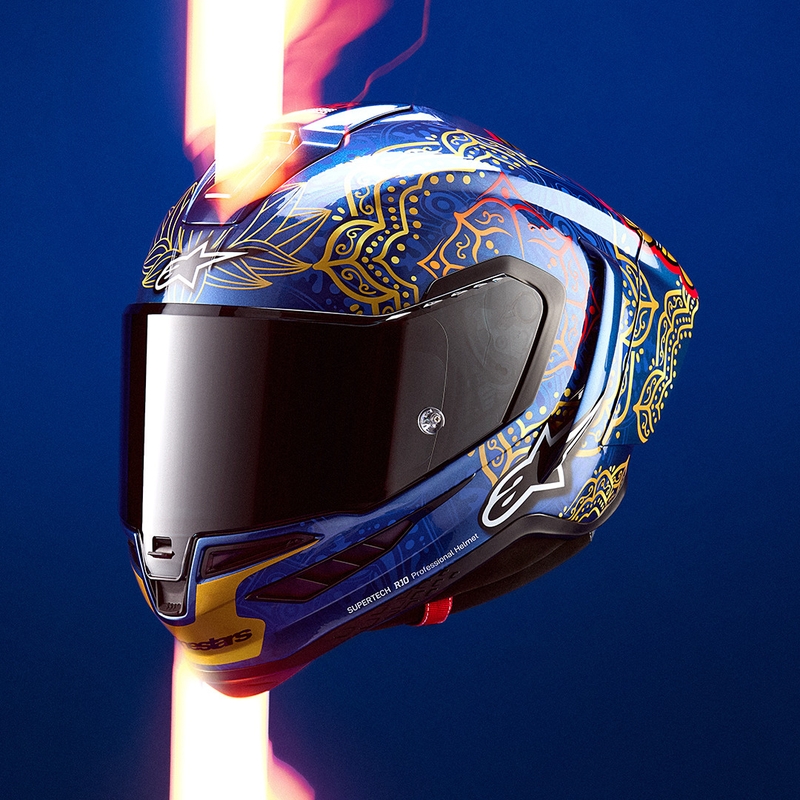 Integraal motorhelm Alpinestars Supertech R10 Marthainator limited edition JORGE MARTIN blauw parelmoer goud rood