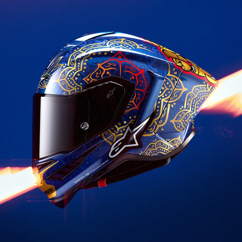 Integraal motorhelm Alpinestars Supertech R10 Marthainator limited edition JORGE MARTIN blauw parelmoer goud rood