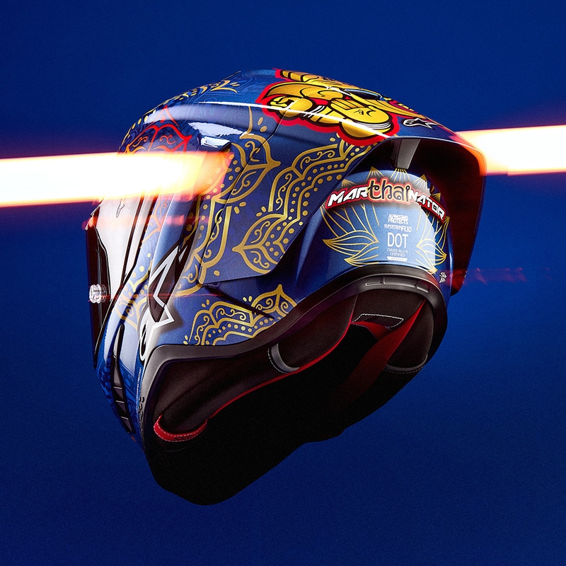 Integraal motorhelm Alpinestars Supertech R10 Marthainator limited edition JORGE MARTIN blauw parelmoer goud rood