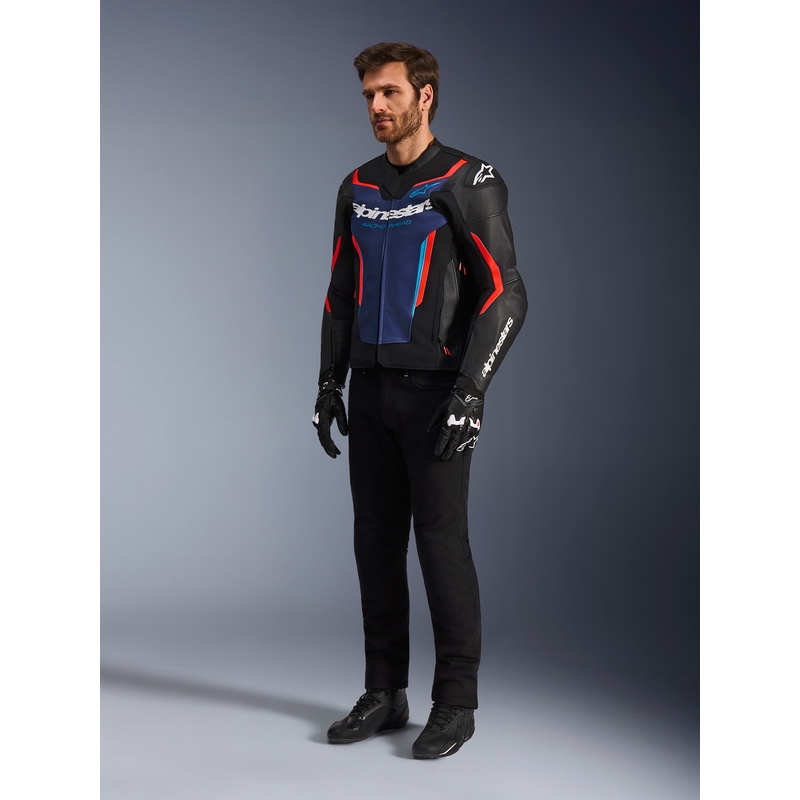 Alpinestars GP Force V2 leren motorjas in zwart-blauw-fluorrood