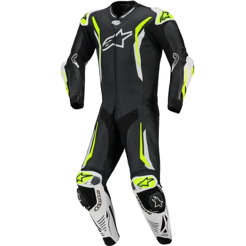 Alpinestars GP TECH V5 eendelig leren motorpak in zwart-wit-fluorescentiegeel