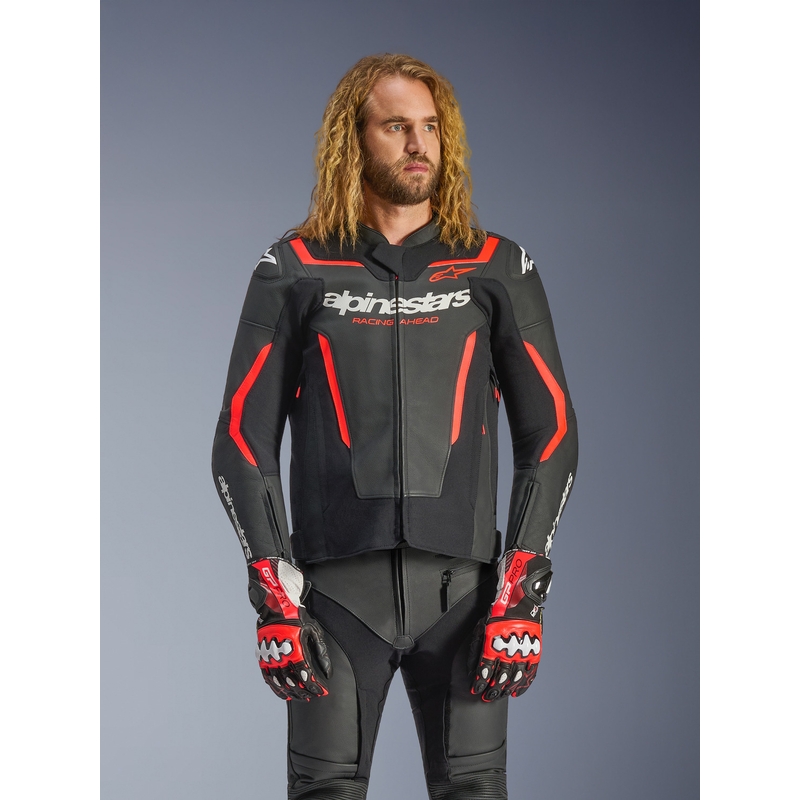 Alpinestars GP Force V2 leren motorjas in zwart-fluorescerend rood-wit