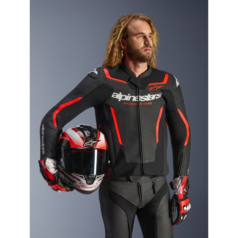 Alpinestars GP Force V2 leren motorjas in zwart-fluorescerend rood-wit