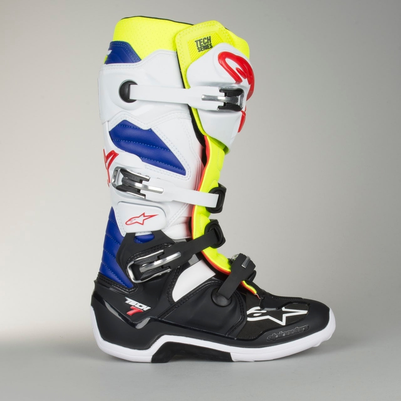 Boty na motorku Alpinestars Tech 7 bílo-černo-modro-červeno-fluo žluté