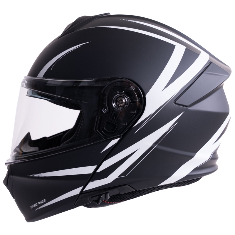 Opklapbare motorhelm Street Racer Fury matzwart-wit - voorbeeld