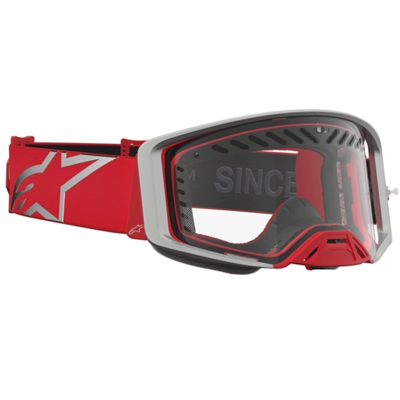 Alpinestars Supertech Dura Air Fluid rood-zilveren crossbril met transparant plexiglas