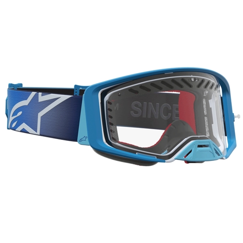 Alpinestars Supertech Dura Air Fluid blauw-zilveren motorcrossbril met transparant plexiglas