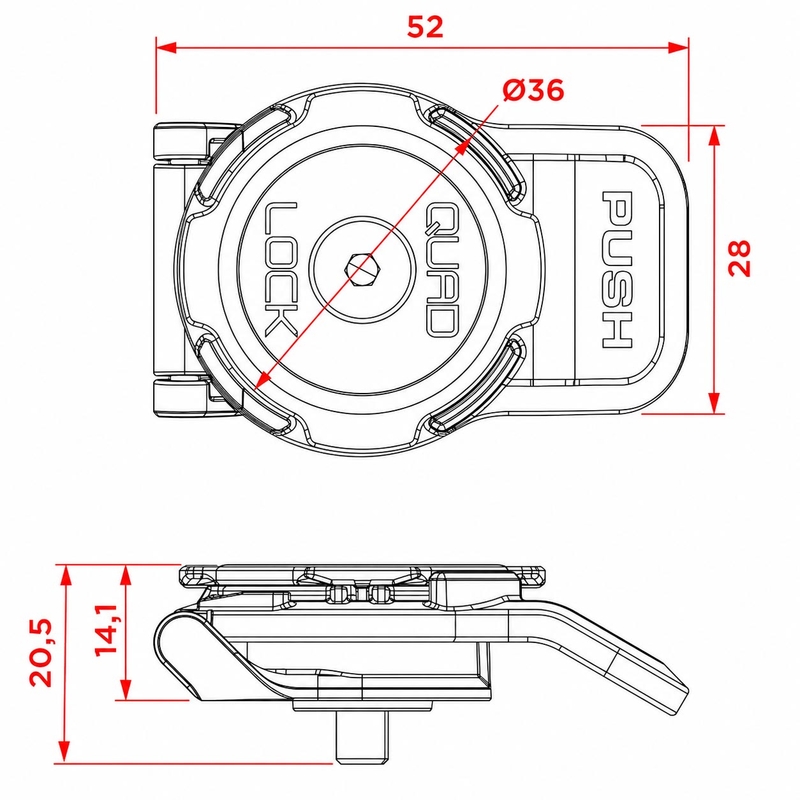 Quad Lock® 360 korte hendel telefoonhouder kop zwart