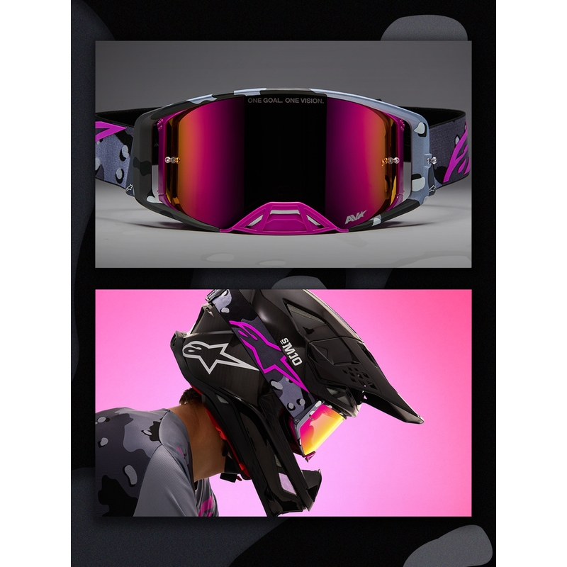 Alpinestars Supertech Lone paarse camouflage crossbril met spiegelend roze plexiglas