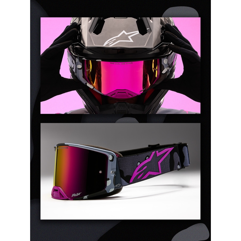Alpinestars Supertech Lone paarse camouflage crossbril met spiegelend roze plexiglas