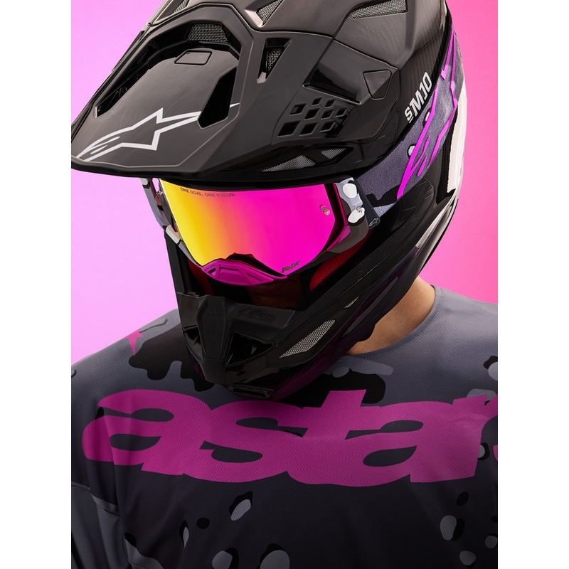 Alpinestars Supertech Lone paarse camouflage crossbril met spiegelend roze plexiglas