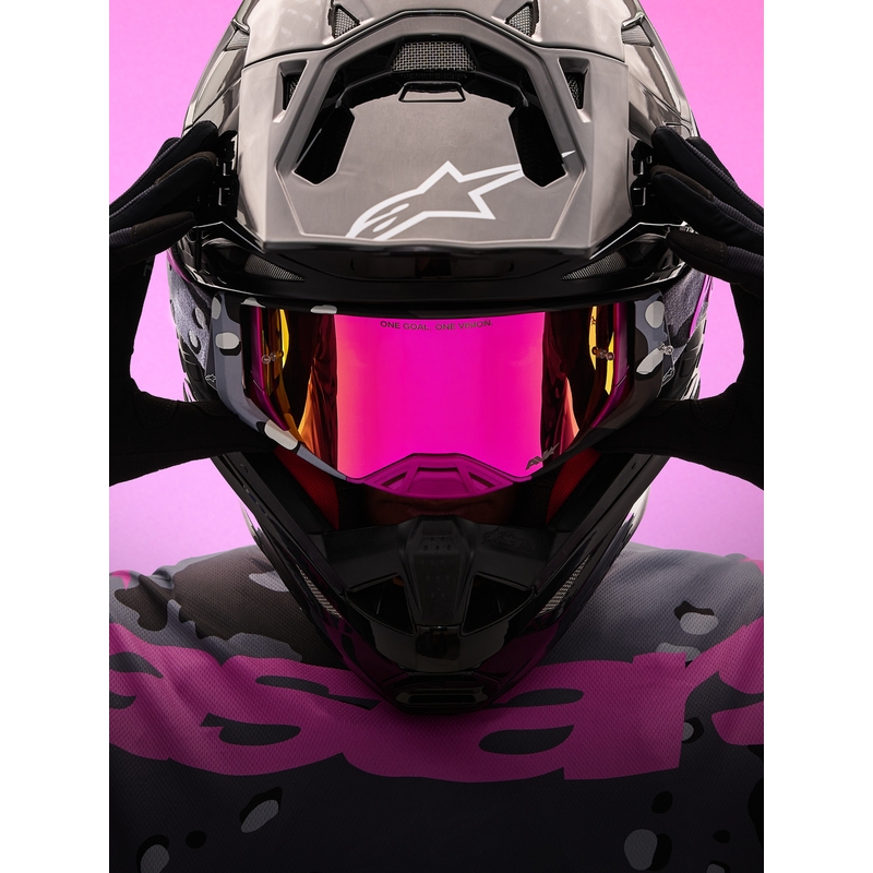 Alpinestars Supertech Lone paarse camouflage crossbril met spiegelend roze plexiglas