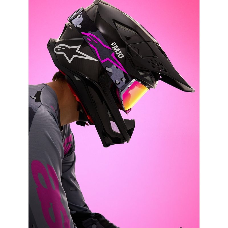 Alpinestars Supertech Lone paarse camouflage crossbril met spiegelend roze plexiglas
