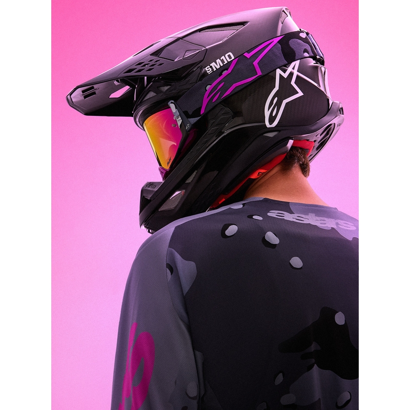 Alpinestars Supertech Lone paarse camouflage crossbril met spiegelend roze plexiglas