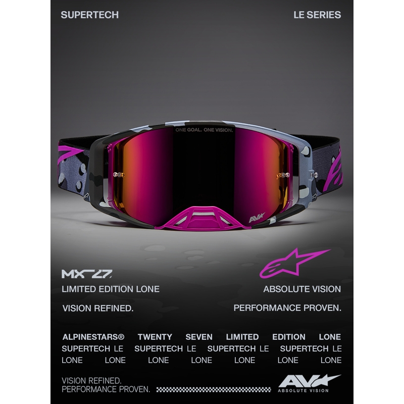 Alpinestars Supertech Lone paarse camouflage crossbril met spiegelend roze plexiglas