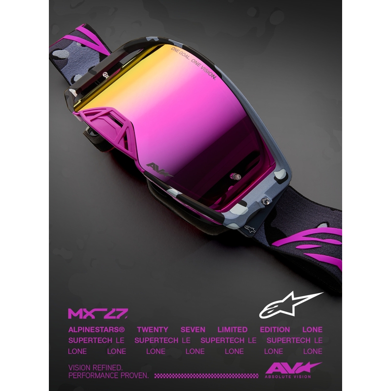 Alpinestars Supertech Lone paarse camouflage crossbril met spiegelend roze plexiglas