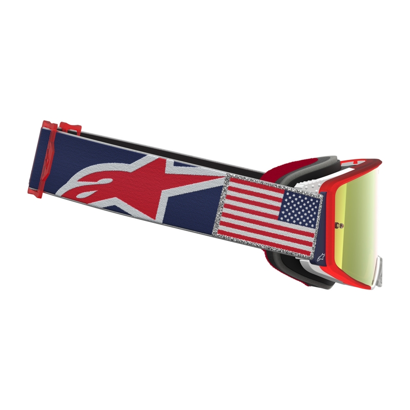 Alpinestars Supertech Fiftyfold crossbril in blauw-rood-wit met rood spiegelend plexiglas.