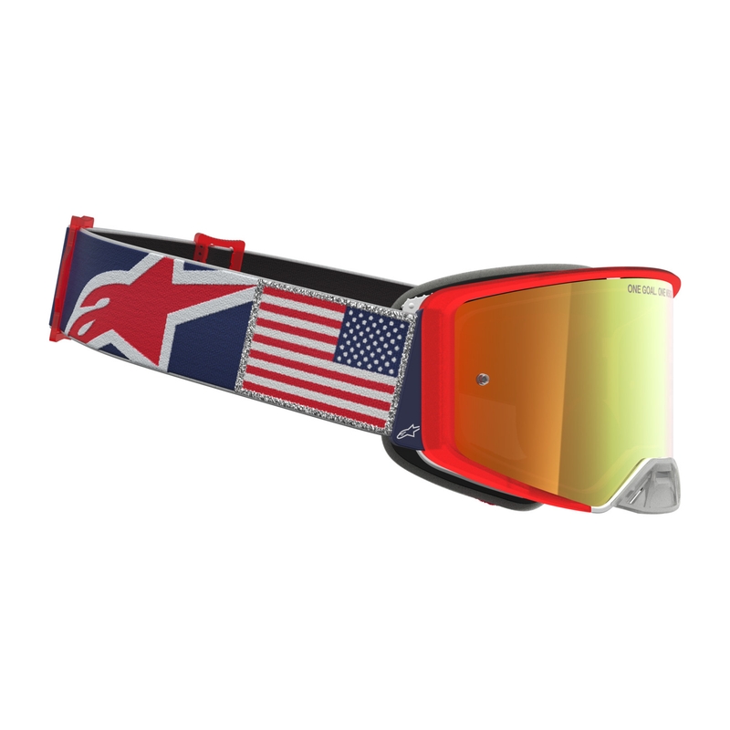 Alpinestars Supertech Fiftyfold crossbril in blauw-rood-wit met rood spiegelend plexiglas.