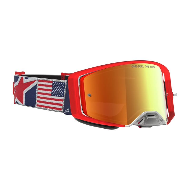 Alpinestars Supertech Fiftyfold crossbril in blauw-rood-wit met rood spiegelend plexiglas.