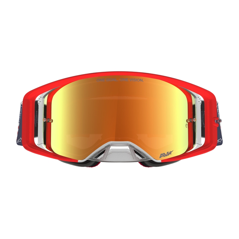 Alpinestars Supertech Fiftyfold crossbril in blauw-rood-wit met rood spiegelend plexiglas.